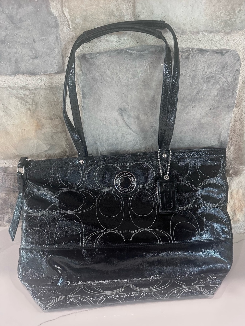 Vintage Coach F19198 Signature Stitch Black Patent Leather Tote Handbag Purse
